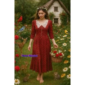 Vintage 80's Miss Dorby Red Flower Pearl Lace Prairie Dress Cottagecore Cottage